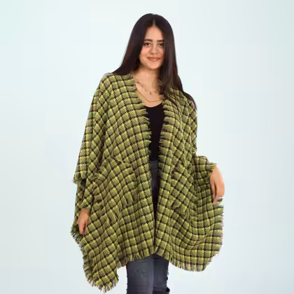 Green wool fringed cape shawl by Estringo Egyptian women's fashion