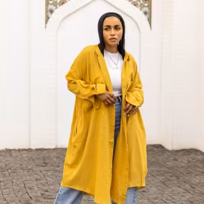 Mustard yellow linen long shirt for women by Estringo Egyptian fashion