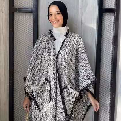 Black and white cape shawl by Estringo Egyptian women's fashion brand