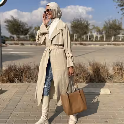 Estringo Egyptian women's beige linen trench coat fashion outerwear