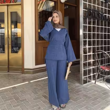 Estringo Linen V Set Indigo women's fashion outfit Egyptian brand