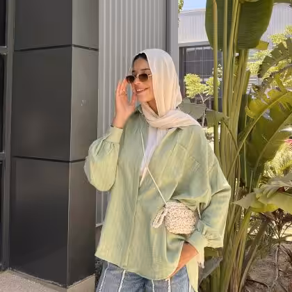 Estringo olive crinkled striped shirt for women Egyptian fashion style