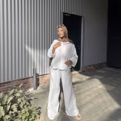 White linen set by Estringo Egyptian women's fashion brand