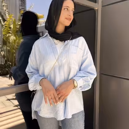 Baby blue crinkled striped shirt by Estringo Egyptian women's fashion brand
