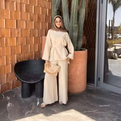 Estringo beige linen v-neck set women's Egyptian fashion outfit