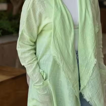 Apple Green-Fringed Linen Cardigan