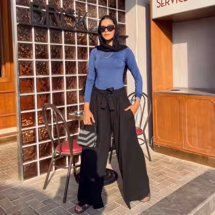 Black linen wide leg pants for women by Estringo Egyptian fashion