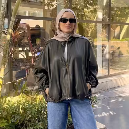 Olive green leather jacket by Estringo Egyptian women's fashion brand