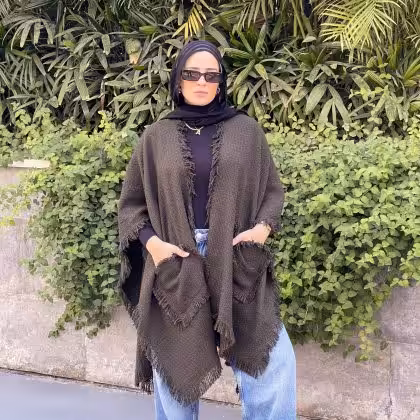 Estringo olive fringed cape shawl for women Egyptian fashion accessory