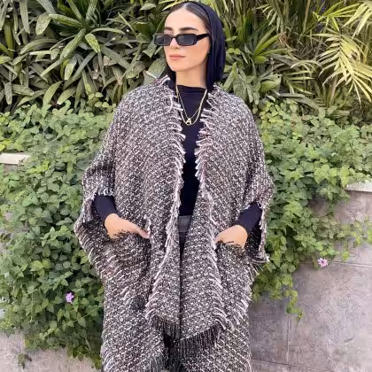 Black and white tweed cape shawl by Estringo Egyptian women's fashion