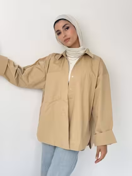 Beige poplin shirt by Estringo Egyptian women's fashion brand