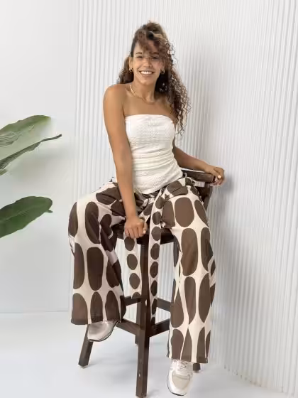 Brown Ovi linen pants by Estringo Egyptian women's fashion brand