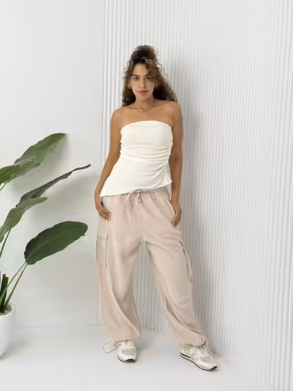 Beige cargo pants for women by Estringo Egyptian fashion brand