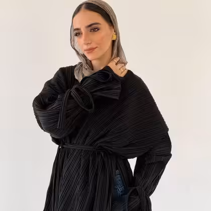 Black pleated cardigan jacket by Estringo Egyptian women's fashion brand