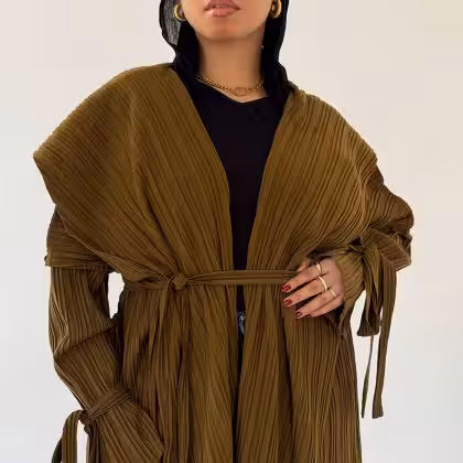 Yellow olive pleated cardigan jacket by Estringo Egyptian women's fashion