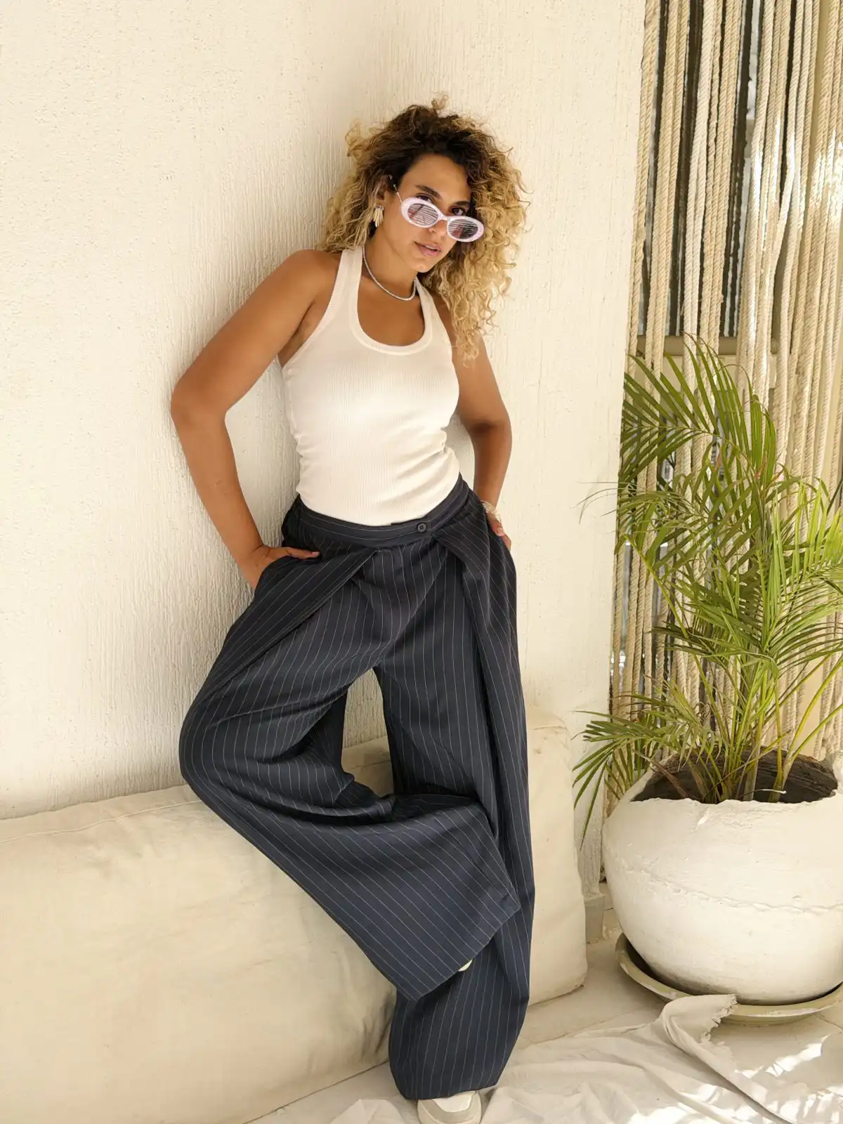 Wide Pleat Striped Pants - Navy Blue