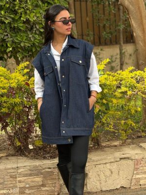 Dark blue denim vest for women by Estringo Egyptian fashion brand